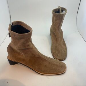 Damda Tan Stretch Bootie Back Zip Square Toe Block Heel D0012 Size 240 US 7.5-8